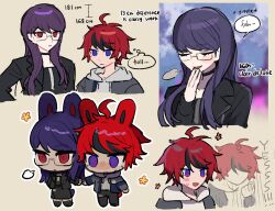 1boy 1girl ahoge animal_ears black_choker black_dress black_hair black_jacket chibi choker closed_eyes commentary dress english_commentary english_text glasses height_difference holding_hands jacket laughing long_hair multicolored_hair open_clothes open_jacket purple_eyes purple_hair rabbit_ears red_eyes shizuhara_hiruko short_hair smile speech_bubble streaked_hair sumino_takumi telormenggacha the_hundred_line_-last_defense_academy- thought_bubble two-tone_hair