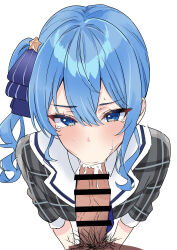 1boy 1girl :&gt;= absurdres asymmetrical_sidelocks blue_eyes blue_hair cum cum_in_mouth double-parted_bangs fellatio hair_between_eyes highres hololive hoshimachi_suisei hoshimachi_suisei_(1st_costume) looking_at_viewer male_pubic_hair nakano_kura oral plaid_clothes pov pov_crotch pubic_hair side_ponytail simple_background sketch solo_focus star_(symbol) sweat tearing_up three-quarter_sleeves virtual_youtuber white_background
