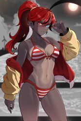 1girl bikini blue_eyes blush breasts cloud commentary cowboy_shot dark-skinned_female dark_skin ear_piercing earclip earrings front-tie_bikini_top front-tie_top full_moon gluteal_fold halterneck high_ponytail highres jewelry kimouji medium_breasts moon navel_piercing ocean original piercing ponytail red_bikini red_eyes red_hair sharp_teeth sleeves_past_wrists solo striped_bikini striped_clothes swimsuit tan tanline teeth