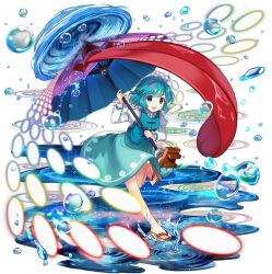 1girl :p blue_eyes blue_hair blue_skirt blue_vest brown_sandals danmaku full_body game_cg geta heterochromia highres holding holding_umbrella juliet_sleeves karakasa_obake leg_up long_sleeves looking_at_viewer official_art puffy_sleeves purple_umbrella red_eyes ripples rotte_(1109) sandals shirt short_hair skirt smile solo tatara_kogasa third-party_source tongue tongue_out touhou touhou_lostword transparent_background umbrella vest water water_drop white_shirt
