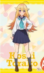 1girl ahoge black_socks blonde_hair blue_skirt blush brown_shoes closed_mouth dot_nose english_text female_focus full_body hair_between_eyes hand_on_own_hip highres koshi_torako legs long_hair long_sleeves looking_at_viewer miniskirt official_art pleated_skirt purple_hair scan school_uniform serafuku shikanoko_nokonoko_koshitantan shoes skirt socks solo solo_focus thighs white_serafuku