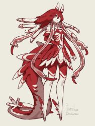 1girl colored_skin commentary dress highres long_hair long_tail looking_to_the_side monster_girl no_feet original red_dress red_eyes red_hair red_skin ruteko_(ruko220) simple_background solo standing tail tentacle_hair thick_tail very_long_hair yellow_background