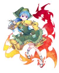 1girl apron arm_ribbon between_fingers blue_hair blue_sandals closed_mouth dress energy flower frills full_body green_apron green_headscarf green_ribbon hair_between_eyes hammer hand_up haniyasushin_keiki headscarf highres holding holding_tool jewelry keiki8296 leaf leg_ribbon long_hair looking_at_viewer magatama magatama_necklace necklace pocket puffy_short_sleeves puffy_sleeves purple_eyes ribbon sandals short_sleeves simple_background smile solo touhou turtleneck turtleneck_dress white_background white_flower wood_carving_tool yellow_dress