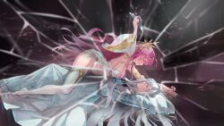 1boy 1girl absurdres breasts broken_glass detached_sleeves epic_seven full_body genesis_ras_(epic_seven) glass grey_hair highres holding jewelry large_breasts long_hair pendant pink_hair rass_elclare red_eyes tenebria_(epic_seven) tinkst white_sleeves witch_of_the_mere_tenebria_(epic_seven)
