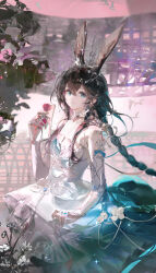 1girl absurdres amiya_(arknights) animal_ears aqua_eyes arknights black_hair braid chinese_commentary choker closed_mouth commentary cowboy_shot crown dress flower hair_between_eyes hand_up highres holding holding_flower jewelry light_particles long_hair multiple_rings pink_flower pink_rose ring rose ruoganzhao sidelocks smile solo sparkle standing white_choker white_dress white_flower