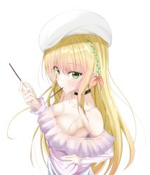 Rule 34 | 1girl, absurdres, bare shoulders, beret, black choker, blonde hair, blush, bow, braid, breasts, choker, cleavage, closed mouth, collarbone, commentary, eyelashes, eyes visible through hair, food, food in mouth, frilled shirt, frills, from above, from side, green eyes, hair between eyes, hair bow, hand on own hip, hand up, hat, highres, holding, holding food, holding pocky, ichinose rei, idoly pride, large breasts, long hair, long sleeves, looking at viewer, off-shoulder shirt, off shoulder, pink bow, pink shirt, pocky, pocky day, pocky in mouth, shirt, side braid, simple background, solo, straight hair, tsurime, uoouchan, upper body, very long hair, white background, white hat