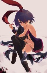 1girl animal_ears black_hair blood blood_stain boots breasts demon_reaper expressionless fake_animal_ears full_body highres kakuwashi knee_up looking_at_viewer panties pleinair rabbit_ears red_eyes refrain_no_chika_meikyuu_to_majo_no_ryodan side-tie_panties sitting small_breasts solo thigh_boots underwear