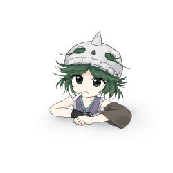 1other androgynous bare_shoulders black_gloves bone brown_sleeves closed_mouth collarbone commentary_request cropped_torso detached_sleeves dot_nose fang fang_out frown gloves green_eyes green_hair hair_through_headwear hat highres japanese_clothes kimono kitsugai_sese kuroda_(kurota_ne) len&#039;en long_sleeves looking_at_viewer messy_hair mouth_hold official_style other_focus purple_kimono shadow short_hair simple_background single_bare_arm single_detached_sleeve single_glove skeleton_print skull-shaped_hat sleeveless sleeveless_kimono solo white_background white_hat wide_sleeves