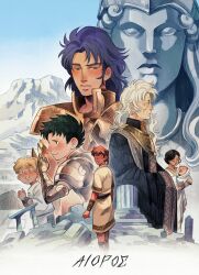 2girls 5boys absurdres aged_down aged_up alternate_costume ameliecausse ancient_greek_clothes aries_shion armor athena_(mythology) athena_(saint_seiya) baby black_robe blonde_hair blue_eyes blue_hair brown_hair capricorn_shura carrying carrying_baby carrying_person casual character_name child gemini_saga gold_armor gold_cloth gold_saint greco-roman_clothes green_hair grey_hair half-closed_eyes hand_up headband highres hikimayu kido_saori leo_aiolia long_hair long_sleeves looking_at_viewer looking_back male_focus multiple_boys multiple_girls old old_man outdoors parted_lips profile red_headband robe sagittarius_aioros saint_seiya short_hair solo_focus spiked_hair statue wide_sleeves wrinkled_skin