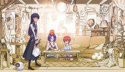 Rule 34 | 1boy, 2girls, amate yuzuriha, aqua eyes, bag, black hair, blue hair, blush, breasts, closed eyes, collared shirt, commentary request, conch (gundam), couch, denim, denim shorts, gundam, gundam gquuuuuux, haro, holding, jacket, kuroda asaki, long hair, long sleeves, multicolored hair, multiple girls, nyaan (gundam gquuuuuux), open mouth, pants, purple hair, red hair, shirt, short hair, short sleeves, shorts, shuji ito, sitting, skirt, smile, tank top, two-tone hair, wariza, yellow eyes