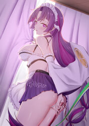 1girl adapted_costume alternate_costume apron ass bare_shoulders breasts crop_top curtains duel_monster enmaided highres large_breasts long_hair maid maid_headdress mailixiang midriff miniskirt purple_eyes purple_hair sanaki_the_mikanko_devotee skirt solo waist_apron wide_sleeves yu-gi-oh!