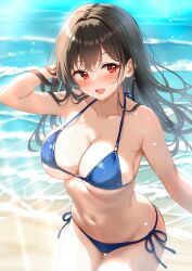 1girl absurdres beach bikini black_hair blue_bikini breasts cleavage collarbone commentary_request cowboy_shot highres himura_moritaka large_breasts long_hair navel ocean original red_eyes side-tie_bikini_bottom solo swimsuit water waves