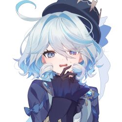 1girl antenna_hair ascot black_gloves blue_ascot blue_bow blue_brooch blue_coat blue_eyes blue_hair blue_hat bow bright_pupils coat coat_bow commentary dot_nose furina_(genshin_impact) furrowed_brow genshin_impact gloves hair_intakes hand_up hat heterochromia highres light_blue_hair long_hair long_sleeves looking_at_viewer mismatched_pupils mochizuki_mochi multicolored_hair nervous ojou-sama_pose open_clothes open_coat open_mouth shirt short_shorts shorts simple_background solo sweat teeth top_hat two-tone_hair upper_body upper_teeth_only very_long_hair wavy_hair wavy_mouth white_background white_gloves white_pupils white_shirt white_shorts