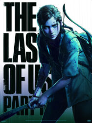 Rule 34 | 1girl, arm tattoo, backpack, bag, blood, blood on clothes, blood on face, blood splatter, bow (weapon), brown hair, copyright notice, ellie (the last of us), english text, green eyes, highres, holding, holding weapon, ilya kuvshinov, lips, long hair, looking at viewer, ponytail, solo, tattoo, the last of us (series), the last of us 2, weapon