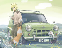 Rule 34 | 1girl, black pants, brown sweater, car, cup, dog, flower, grass, green car, green sky, holding, holding cup, jettoburikku, license plate, mini cooper, motor vehicle, mug, original, outdoors, pants, sky, solo, standing, sweater, welsh corgi