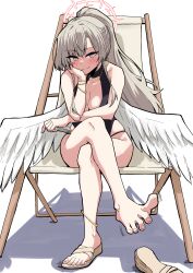 Rule 34 | 1girl, absurdres, anklet, barefoot, blue archive, blush, crossed legs, feet, highres, jewelry, long hair, looking at viewer, nagisa (blue archive), nagisa (swimsuit) (blue archive), ponytail, sandals, shoes, sitting, smile, swimsuit, toes, ujigi, unworn sandals, unworn shoes, wings, yellow eyes