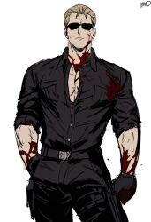 Rule 34 | 1boy, albert wesker, belt, black belt, black gloves, black pants, black shirt, blonde hair, blood, blood on arm, blood on body, blood on face, closed mouth, collared shirt, commentary, english commentary, gloves, hair slicked back, hand in pocket, highres, male focus, pants, resident evil, resident evil 4, shirt, short hair, short sleeves, simple background, solo, straight-on, sunglasses, violntlines, white background, wing collar