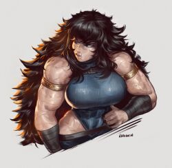1girl 2024 armlet artist_name backlighting bare_shoulders biceps big_hair black_nails blue_eyes blue_leotard blue_pants breasts closed_mouth commentary commission cropped_torso english_commentary female_focus grey_background highres jewelry large_breasts leotard lips long_hair looking_to_the_side pants ramia-yana ramia_(ramia-yana) scar scars_all_over simple_background solo too_many vambraces veins veiny_arms very_long_hair viriden wavy_hair