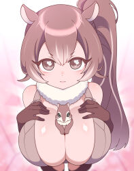 1girl absurdres animal_between_breasts animal_ears borrowed_design breasts brown_eyes brown_gloves brown_hair commentary creature_and_personification english_commentary erigo fur_collar gloves hands_on_own_chest highres huge_breasts kimi_no_koto_ga_dai_dai_dai_dai_daisuki_na_100-nin_no_kanojo long_hair looking_at_viewer personification ponytail solo squirrel squirrel_ears squirrel_girl