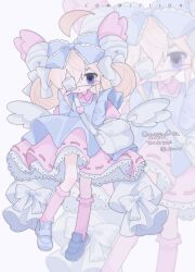 1girl absurdres apron bad_id bad_twitter_id bell blonde_hair blue_apron blue_bow blue_eyes blue_footwear bow collared_dress commission cutesu_(character) double_bun dress eyepatch fpwrs frilled_bow frilled_dress frilled_socks frills full_body hair_bell hair_bow hair_bun hair_ornament highres jingle_bell long_sleeves looking_at_viewer medical_eyepatch original pink_dress pink_socks skeb_commission socks solo standing twitter_username white_bag white_wings wings zoom_layer