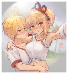 1boy 1girl aether_(genshin_impact) ahoge arm_around_shoulder arm_tattoo bandaged_wrist bandages blonde_hair blush breasts closed_mouth commentary english_commentary genshin_impact gym_shirt hair_ornament hetero highres large_breasts looking_at_viewer midriff navel orange_eyes parted_lips red_trim selfie shirt sweat tattoo tied_shirt valenthania white_shirt yellow_eyes yoimiya_(genshin_impact)