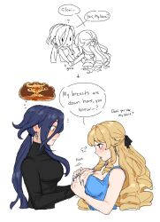 Rule 34 | 2girls, bare arms, black sweater, blonde hair, blue dress, blue hair, blue nails, blush, breasts, clorinde (genshin impact), closed mouth, commentary, dashingicecream, dress, drill hair, earrings, english commentary, english text, genshin impact, grabbing another&#039;s breast, groping, guided breast grab, guiding hand, highres, jewelry, large breasts, long hair, long sleeves, multiple girls, mushroom cloud, navia (genshin impact), purple nails, shirt, simple background, sleeveless, sleeveless shirt, speech bubble, sweater, white background, yuri
