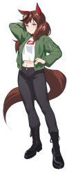 1girl absurdres alternate_costume animal_ears arm_behind_head black_boots black_pants blush boots brown_hair c-eye ear_covers green_jacket highres horse_ears horse_girl horse_tail jacket lace-up_boots long_sleeves looking_at_viewer medium_hair midriff multicolored_hair navel nice_nature_(umamusume) open_clothes open_jacket pants shirt simple_background smile solo streaked_hair tail twintails umamusume white_background white_shirt yellow_eyes