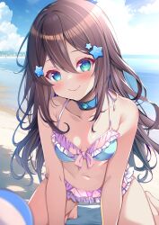 1boy absurdres aqua_eyes ball barefoot beachball bikini blue_bikini blue_choker blue_sky blurry brown_hair choker cloud collarbone crossdressing depth_of_field feet frilled_bikini frills hair_between_eyes hair_ornament highres indie_virtual_youtuber long_hair looking_at_viewer multicolored_hair navel ocean origami_aya outdoors purple_bikini sidelocks sky star_(symbol) star_hair_ornament swimsuit toes trap two-tone_hair yuna_mercury
