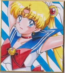 1girl bishoujo_senshi_sailor_moon blonde_hair blue_eyes blue_sailor_collar blue_skirt bow breasts choker collarbone commentary double_bun earrings elbow_gloves gloves hair_bun hair_ornament highres jewelry long_hair looking_at_viewer magical_girl open_mouth red_bow red_choker sailor_collar sailor_moon sailor_senshi_uniform skirt smile solo traditional_media tsukino_usagi twintails user_kztc4472 white_gloves