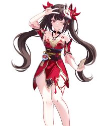 1girl absurdres bare_shoulders bell black_choker brown_hair choker dress fox_mask gloves halterneck highres honkai:_star_rail honkai_(series) hxk8732 long_hair looking_at_viewer mask mask_on_head neck_bell pink_eyes red_dress smile solo sparkle_(honkai:_star_rail) twintails