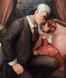 1boy 1girl age_difference black_jack_(character) black_jack_(series) bow closed_mouth hair_bow hetero highres loli multicolored_hair nipples nsfmeows painterly pinoko realistic scar shirt short_hair toddlercon two-tone_hair