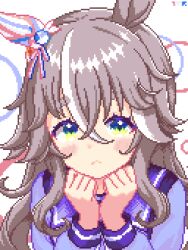 1girl animal_ears clenched_hands cropped_torso green_eyes grey_hair highres horse_ears horse_girl looking_at_viewer pixel_art portrait purple_shirt shirt solo tomoruka_mr umamusume upper_body wonder_acute_(umamusume)