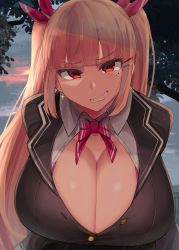 1girl absurdres amato_mone_(facominn) blonde_hair breasts cleavage facominn grin highres huge_breasts long_hair looking_at_viewer red_eyes smile smiled solo upper_body