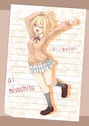 Rule 34 | 1girl, ;d, arms up, blonde hair, blush, border, breasts, brown border, brown cardigan, brown shoes, cardigan, character name, clenched hand, collared shirt, dress shirt, full body, grey socks, highres, lined paper, loafers, long sleeves, looking at viewer, love live!, love live! nijigasaki high school idol club, matsurugi tsukasa, medium breasts, miniskirt, miyashita ai, neck ribbon, nijigasaki school uniform, one eye closed, open mouth, orange eyes, plaid clothes, plaid skirt, pleated skirt, ponytail, red ribbon, ribbon, school uniform, shirt, shoes, short hair, short ponytail, sidelocks, skirt, smile, socks, solo, v, white shirt, white skirt