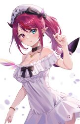 1girl beret black_choker blue_eyes breasts choker cleavage detached_wings dress earrings gold_necklace guyrys hat highres hololive hololive_english irys_(casualrys)_(hololive) irys_(hololive) jewelry lace-trimmed_choker lace_trim long_hair looking_at_viewer medium_breasts multicolored_hair nail_polish necklace official_alternate_costume pink_nails ponytail purple_hair red_eyes red_hair sebu_illust smile solo two-tone_hair virtual_youtuber white_dress white_hat wings