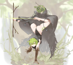 1girl absurdres arrow_(projectile) ass barefoot blush brown_gloves closed_mouth elbow_gloves food fruit full_body gloves green_eyes green_hair handstand highres holding holding_stick holding_weapon_with_feet hood jewelry leaf leotard looking_at_viewer melon necklace net one_arm_handstand original oshin0_(zheng) reaching reaching_towards_viewer ring short_hair single_thighhigh smile soles solo stick tattoo thighhighs thighs thong_leotard