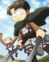 Rule 34 | 10s, 2boys, :d, arms up, bad id, bad pixiv id, belt, black eyes, black hair, blonde hair, blue sky, boots, brothers, brown hair, cape, cloak, closed mouth, cloud, cosplay, cropped jacket, day, dual wielding, erwin smith, erwin smith (cosplay), frown, grass, heart, heart in mouth, holding, holding weapon, jacket, jumping, kamiya hiroshi, legs apart, levi (shingeki no kyojin), levi (shingeki no kyojin) (cosplay), long sleeves, looking at viewer, male focus, matsuno choromatsu, matsuno jyushimatsu, multiple boys, ono daisuke, open mouth, osomatsu-kun, osomatsu-san, osomatsu (series), outdoors, parted bangs, riko (sorube), shingeki no kyojin, siblings, sky, sleeves past wrists, smile, standing, sword, thigh strap, three-dimensional maneuver gear, voice actor connection, wall-eyed, weapon
