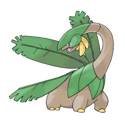 animal_focus banana food fruit full_body gen_3_pokemon leaf nintendo no_humans official_art open_mouth pokemon pokemon_(creature) pokemon_focus pokemon_rse simple_background solo sugimori_ken third-party_source tropius white_background