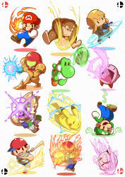 04sora40 2girls 6+boys arm_cannon baseball_bat belt black_eyes blonde_hair body_armor brown_footwear captain_falcon chibi clenched_hand creatures_(company) crossover denim donkey_kong donkey_kong_(series) egg electricity f-zero facial_hair falcon_punch fire fox fox_mccloud frown game_freak gen_1_pokemon gloves green_headwear helmet highres holding holding_sword holding_weapon jeans jigglypuff kirby kirby_(series) link lizard mario mario_(series) metroid mother_(series) mother_2 motion_blur multiple_boys multiple_girls mustache necktie ness_(mother_2) nintendo overalls pants pikachu pointy_ears pokemon pokemon_(creature) pokemon_move pouch punching red_headwear red_helmet red_neckwear rollout_(pokemon) samus_aran scouter slashing sparkle star_fox super_smash_bros. sword the_legend_of_zelda the_legend_of_zelda:_breath_of_the_wild throwing upside-down weapon white_gloves yoshi