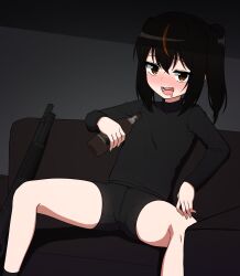 Rule 34 | 1girl, bike shorts, bottle, brown eyes, brown hair, drunk, highres, holding, holding bottle, looking at viewer, medium hair, military combat uniform, military uniform, multicolored hair, nanju bami, original, saliva, spread legs, tactical clothes, thighs, twintails, two-tone hair
