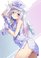 1girl absurdres amane_kanata amane_kanata_(heavenly_guard_mission) angel angel_wings ass blue_hair blue_nails buket_pudding_i closed_mouth dress gloves grey_hair hat highres hololive multicolored_hair nail_polish official_alternate_costume partially_fingerless_gloves pink_hair purple_eyes smile solo streaked_hair virtual_youtuber white_dress white_gloves white_hat wings