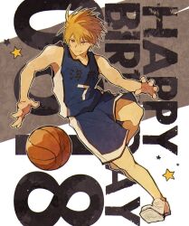1boy ball bare_shoulders basketball_(object) basketball_jersey basketball_uniform blonde_hair closed_mouth commentary_request dated english_text full_body hair_between_eyes happy_birthday kaijo_high_basketball_uniform kise_ryouta kuroko_no_basuke leg_up looking_to_the_side male_focus running ryo_(piggerworld) shoes shorts sideways_glance sleeveless smile solo sportswear star_(symbol) white_shoes yellow_eyes