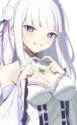 1girl absurdres breasts cleavage dress elf emilia_(re:zero) four-finger_heart_hands fuyukey heart heart_hands highres large_breasts long_hair looking_at_viewer open_mouth pointy_ears purple_eyes re:zero_kara_hajimeru_isekai_seikatsu simple_background smile solo teeth upper_body white_background white_dress