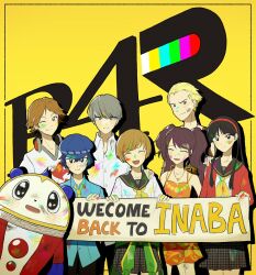 4boys 4girls absurdres amagi_yukiko black_hair black_shirt blonde_hair blue_hair blue_hat blue_shirt brown_hair closed_eyes collared_shirt commentary_request copyright_logo dress english_text facepaint grey_eyes grey_hair hairband hanamura_yousuke hat headphones headphones_around_neck highres holding kujikawa_rise kuma_(persona_4) long_hair looking_at_viewer millotic multiple_boys multiple_girls musical_note narukami_yu necktie newsboy_cap one_eye_closed orange_dress paint persona persona_4 persona_4_revival red_hairband satonaka_chie school_uniform shirogane_naoto shirt sleeveless sleeveless_dress sleeveless_shirt smile tatsumi_kanji twintails white_shirt yasogami_school_uniform yellow_background yellow_necktie