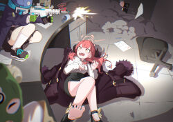 6+girls absurdres aru_(blue_archive) balaclava bat_krub black_shoes black_skirt blue_archive chair coat commentary desk english_commentary faust_(blue_archive) firing gun hifumi_(blue_archive) highres holding holding_gun holding_weapon hoshino_(blue_archive) mask multiple_girls nonomi_(blue_archive) open_mouth purple_coat red_hair serika_(blue_archive) shiroko_(blue_archive) shirt shoes single_bare_foot skirt socks weapon white_shirt white_socks