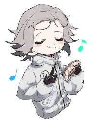 Rule 34 | 1boy, aotsuki eito, black gloves, blush stickers, closed eyes, cropped torso, deformed, embroidery, embroidery hoop, eyewear on head, glasses, gloves, grey hair, highres, holding sewing needle, jacket, male focus, musical note, short hair, simple background, smile, solo, sparrowhabird, the hundred line -last defense academy-, thread, white background, white jacket