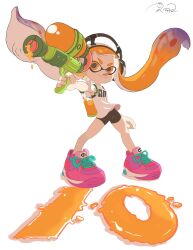 1girl anniversary bike_shorts black_shorts headphones highres holding holding_weapon ink_tank_(splatoon) inkling inkling_girl inkling_player_character long_hair nintendo orange_eyes orange_hair pointy_ears shirt shoes shorts smile sneakers solo splatoon_(series) splatoon_1 splattershot_(splatoon) tentacle_hair uczc4857 weapon white_shirt