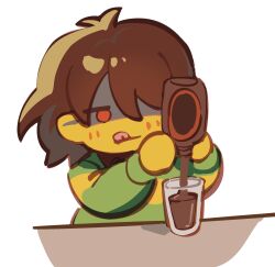 1other bottle brown_hair chocolate_milk chocolate_syrup colored_skin commentary cup deltarune english_commentary green_sweater hair_over_one_eye highres holding holding_bottle kris_(deltarune) other_focus red_eyes short_hair solo spoilers striped_clothes striped_sweater sweater tongue tongue_out ttasarayu yellow_skin