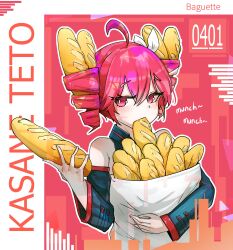 1girl absurdres ahoge bag baguette black_sleeves bow bread bright_pupils character_name collared_shirt cropped_torso detached_sleeves drill_hair eating food hair_bow hair_ribbon highres holding holding_food hubertus_101 kasane_teto kasane_teto_(utau) looking_at_viewer mouth_hold orange_background red_background red_eyes red_hair ribbon shirt sleeveless sleeveless_shirt solo three_quarter_view twin_drills utau white_bow white_pupils white_ribbon wing_collar