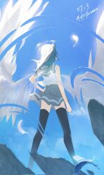 1girl black_thighhighs blue_hair blue_sky commentary_request dated feathered_wings feathers from_behind grey_sailor_collar grey_skirt hair_bun hand_on_own_hip happy_birthday highres long_hair love_live! love_live!_sunshine!! naxuslighting sailor_collar school_uniform shirt single_hair_bun skirt sky solo thighhighs tsushima_yoshiko uranohoshi_school_uniform white_shirt wings